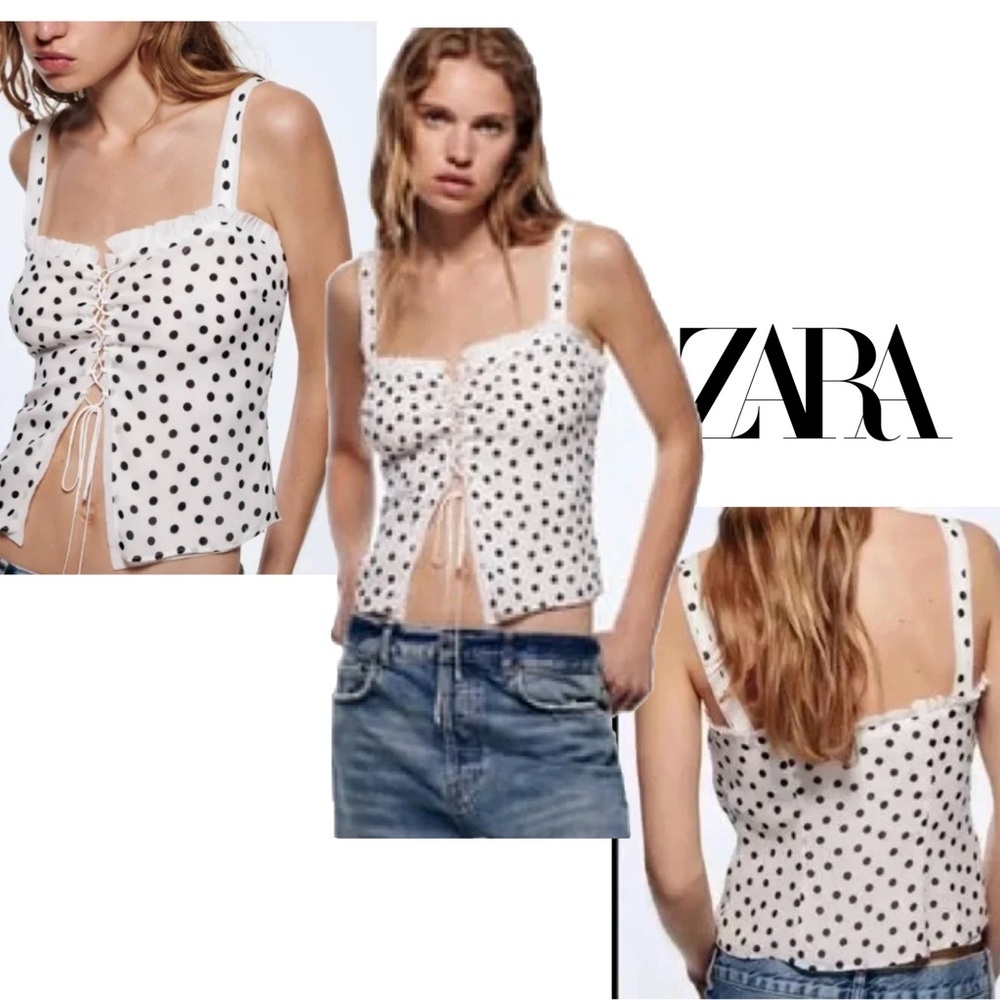 Zara studio collection white black polkadot camisole tank top lace up front Sz L